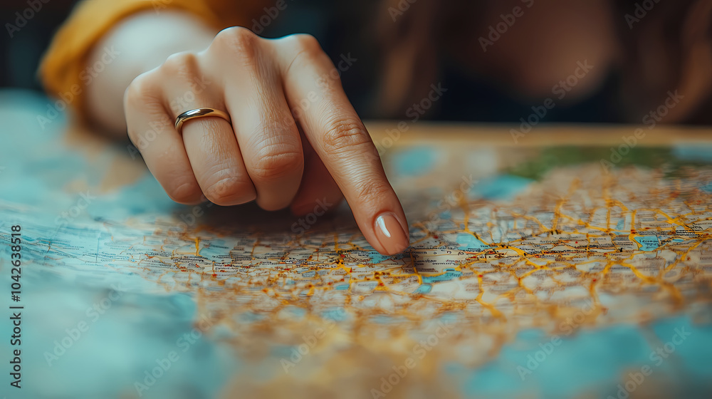 Close up of a woman's hand pointing a place on a map Close up of a woman's hand pointing a place on a map