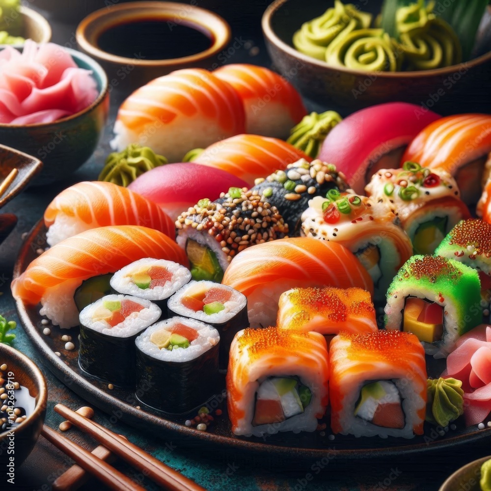 Vibrant Assortment of Maki Sushi with Selective Focus for Stunning Visuals Vibrant Assortment of Maki Sushi with Selective Focus for Stunning Visuals