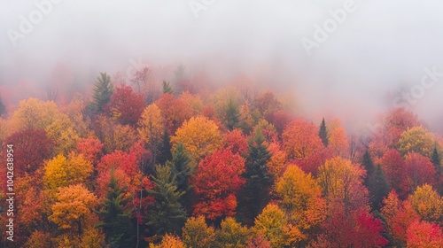 A vibrant autumn forest shrouded in mist, showcasing colorful foliage.