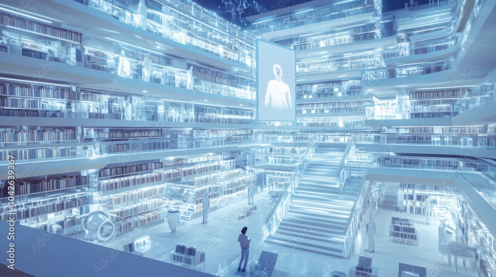 Futuristic Library with Digital Interface and Human Figure on the Screen Futuristic Library with Digital Interface and Human Figure on the Screen
