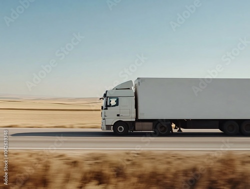 A white truck on a highway speeding through an open landscape under a clear blue sky, symbolizing transport and logistics. photo