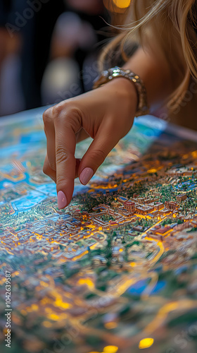 Close up of a woman's hand pointing a place on a map