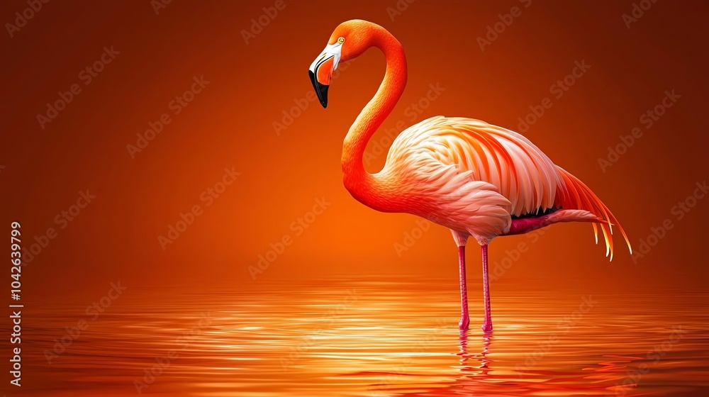 Fototapeta premium A vibrant flamingo standing gracefully in shimmering water under a warm orange backdrop.