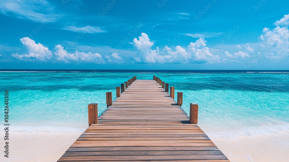 A serene wooden pier extending into crystal-clear turquoise waters, under a bright blue sky with fluffy white clouds, ideal for relaxation and escape. A serene wooden pier extending into crystal-clear turquoise waters, under a bright blue sky with fluffy white clouds, ideal for relaxation and escape.