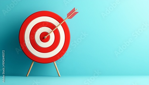 A red and white target with an arrow hitting the bullseye, set against a light blue background, symbolizing success and goals.