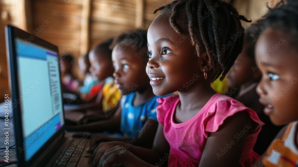 African children learning computer skills in a classroom, digital literacy and education in developing countries African children learning computer skills in a classroom, digital literacy and education in developing countries