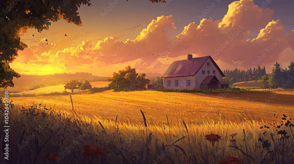 A scenic view of a farmhouse surrounded by fields, with the sunset creating a warm and inviting atmosphere. A scenic view of a farmhouse surrounded by fields, with the sunset creating a warm and inviting atmosphere.