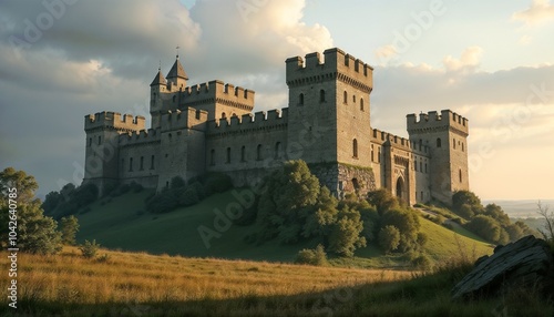 Medieval Castle on a Hill Surrounded by Lush Green Fields and Dramatic Sky, Showcasing Ancient Architecture and Historical Charm. 