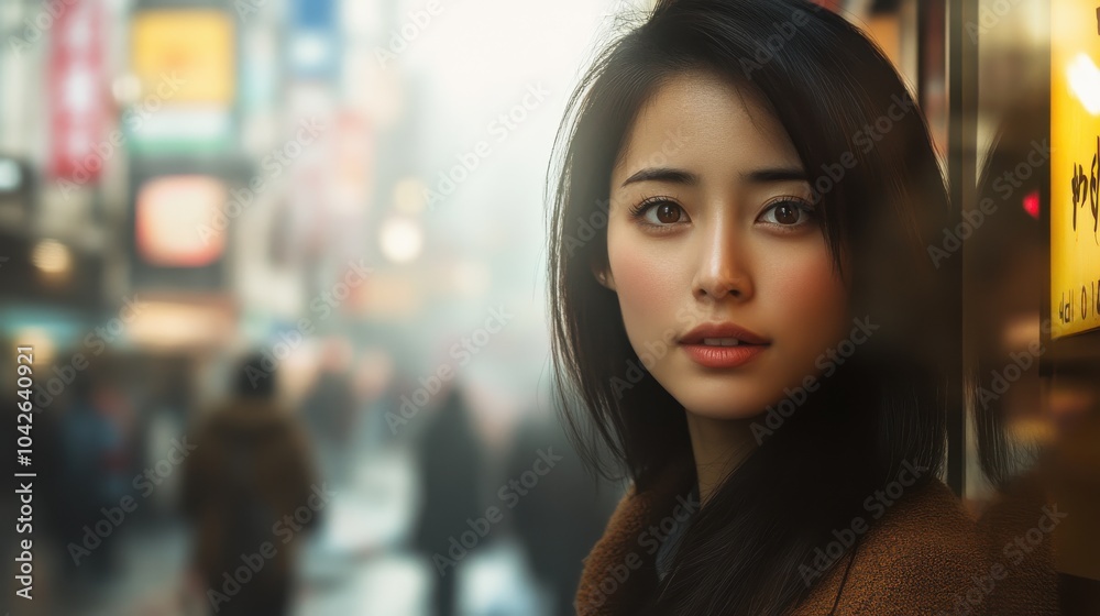 Fototapeta premium Young Woman in a Bustling City Street, Soft Focus Background