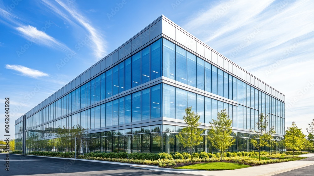 modern office building featuring a sleek glass facade reflecting the blue sky modern office building featuring a sleek glass facade reflecting the blue sky