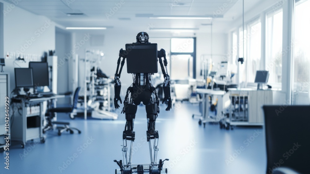 Fototapeta premium An advanced rehabilitation center using robotic exoskeletons to assist patients with physical therapy, Medical robotics style, photo of