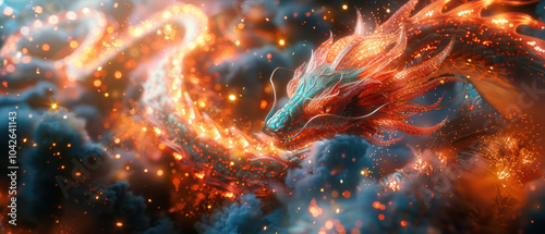 A majestic dragon gliding through fiery clouds with radiant colors and shimmering sparks during a magical fantasy event