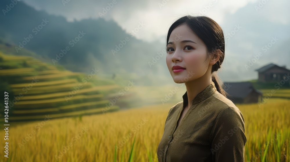 Smiling young woman standing in a rice field, misty mountains behind her Smiling young woman standing in a rice field, misty mountains behind her