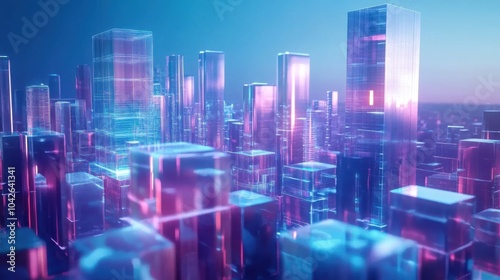 Abstract futuristic city skyline with neon lights, 3d render