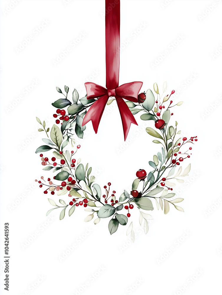 Obraz premium Christmas wreaths. Watercolor painting. Merry Christmas.ribbon