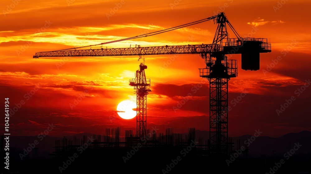 A silhouette of a crane against a vibrant sunset, A silhouette of a crane against a vibrant sunset,