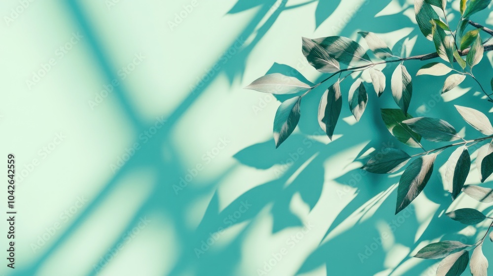 A serene composition featuring green leaves casting shadows on a light turquoise background. A serene composition featuring green leaves casting shadows on a light turquoise background.