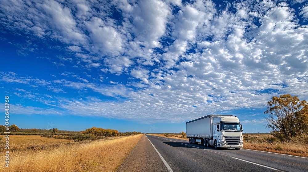 A large truck drives along an empty highway under a vibrant blue sky scattered with clouds, showcasing the essence of long-distance travel. A large truck drives along an empty highway under a vibrant blue sky scattered with clouds, showcasing the essence of long-distance travel.
