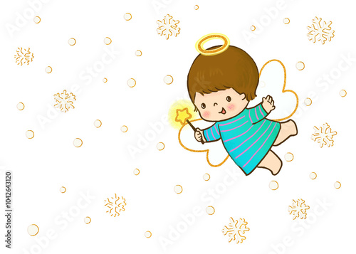 little angel card . holidays illustration , little angel with golden glitter snowflake . 