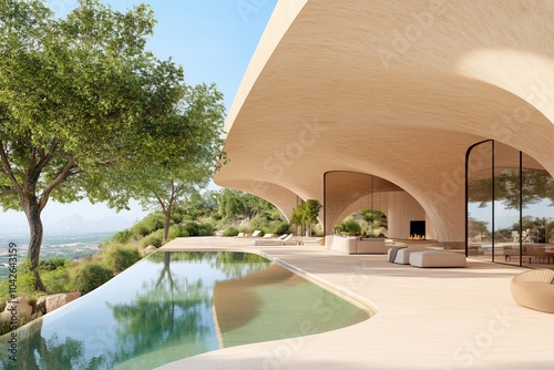 Modern outdoor space with curved architecture and pool