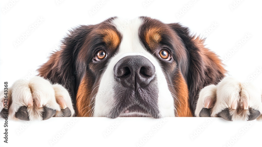 A close-up of a dog's face with paws resting on a surface, looking curiously. A close-up of a dog's face with paws resting on a surface, looking curiously.