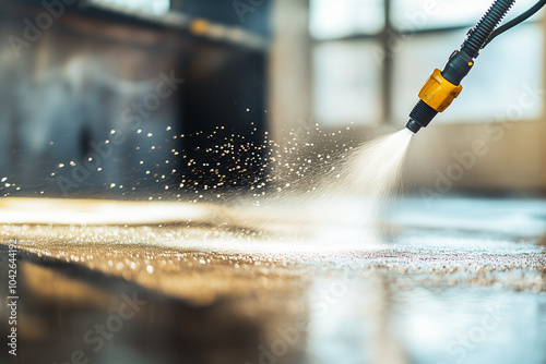 A high pressure washer cleans a concrete floor in a garage. banner/web/blog/post photo