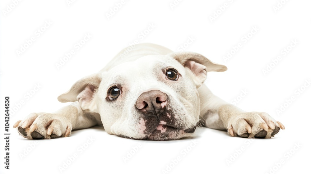 A close-up of a relaxed dog lying on a white background. A close-up of a relaxed dog lying on a white background.