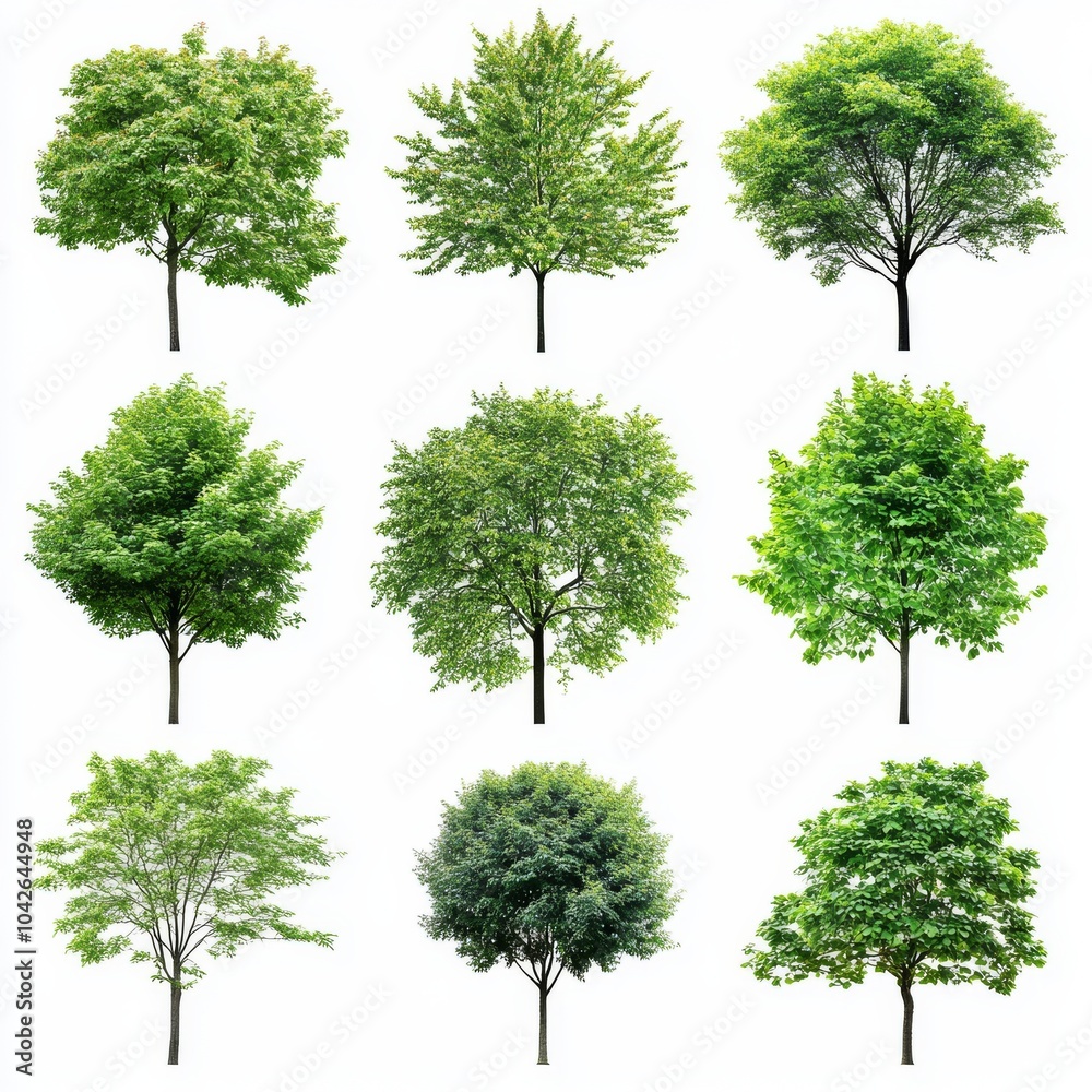 Fototapeta premium Collection of nine green trees isolated on a white background.
