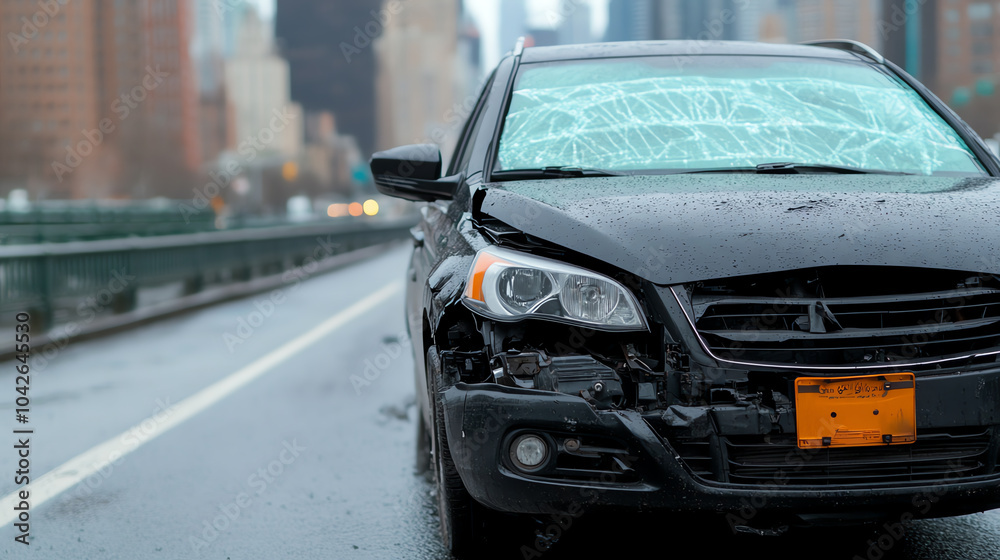 A damaged black car on a city road, with a cracked windshield and visible collision impact. Urban environment in the background, symbolizing accident risks. A damaged black car on a city road, with a cracked windshield and visible collision impact. Urban environment in the background, symbolizing accident risks.
