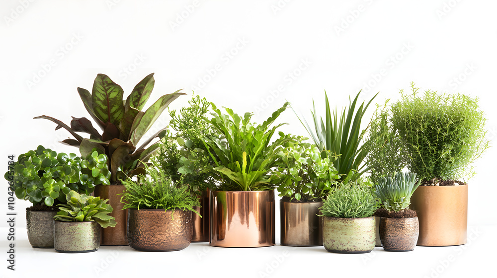 Fototapeta premium A group of small indoor plants in metallic pots