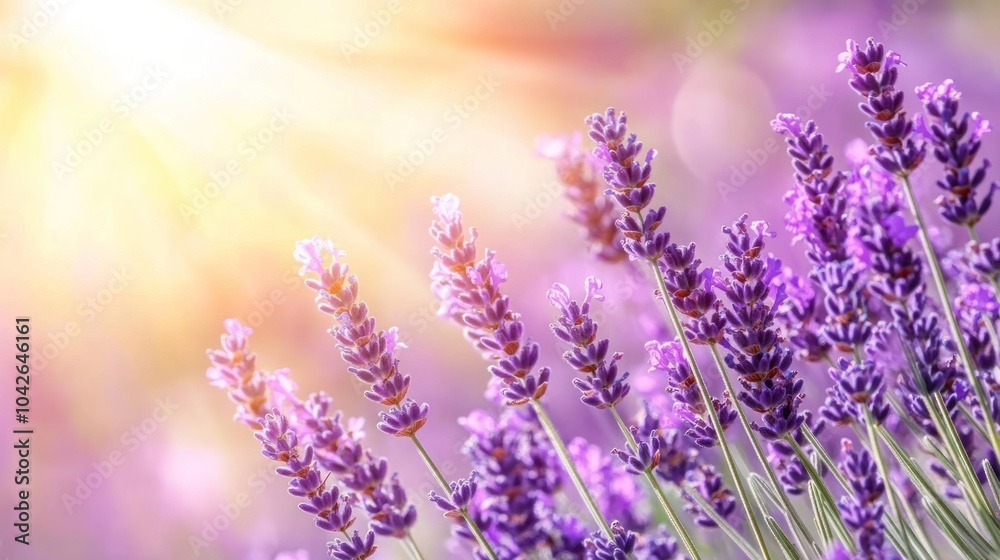 Fototapeta premium A field of lavender flowers basking in warm sunlight, creating a serene and calming atmosphere.