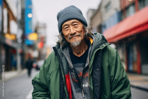 Portrait of an old man in the city. He is smiling.