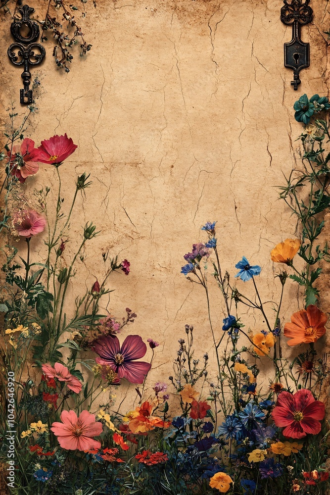 Naklejka premium Explore the beauty of nature with vibrant wildflowers framing an aged background for artistic creations and designs