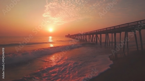 Serene sunset over a pier, reflecting on calm ocean waves.