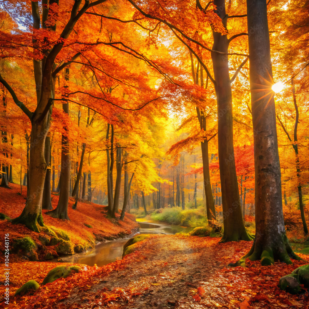 Fototapeta premium autumn in the park. autumn, forest, fall, tree, trees, nature, landscape, park, leaves, road, foliage, leaf, yellow, woods, path, season, orange, wood, red, october, colorful, sun, golden, alley, trai