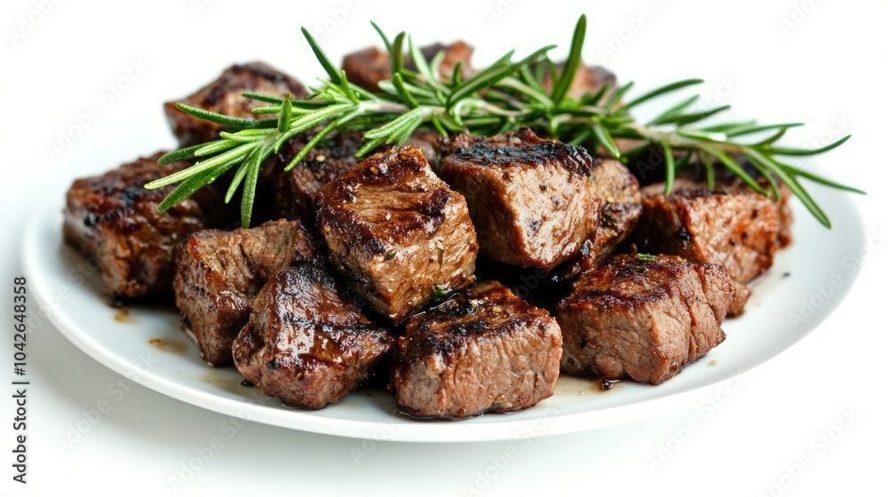 A plate of grilled steak pieces garnished with fresh rosemary. A plate of grilled steak pieces garnished with fresh rosemary.