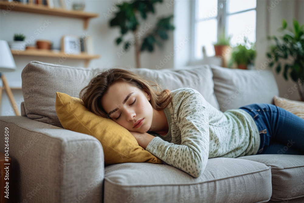 Woman taking a nap on the sofa at home in the daytime to make up for a night of poor sleep. Sleep disorder concept