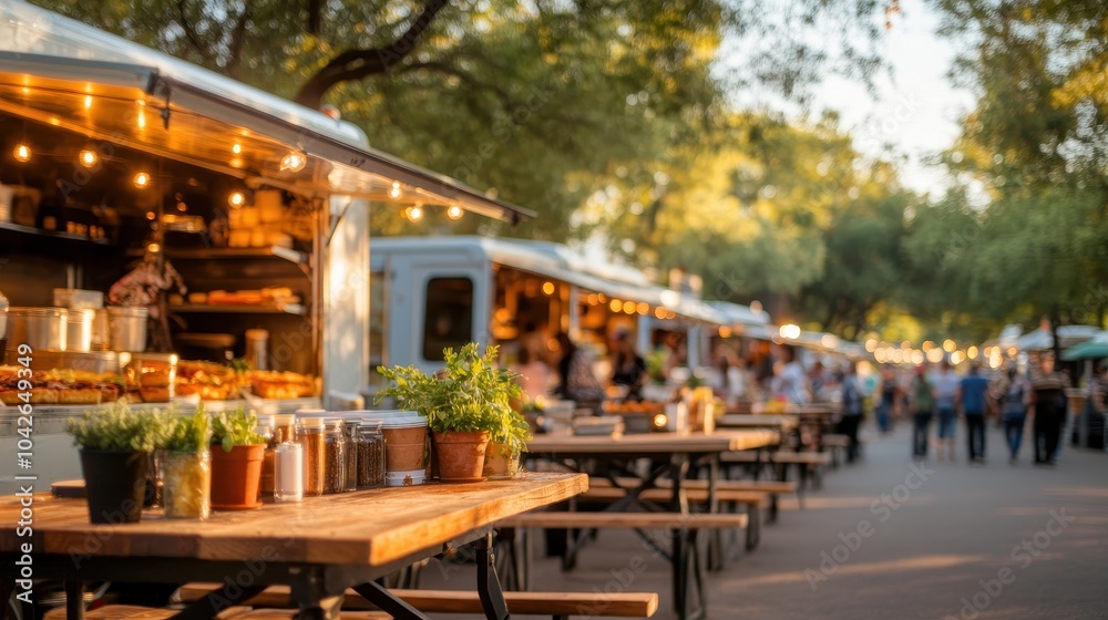 Naklejka premium Colorful Food Trucks on a Lively Street