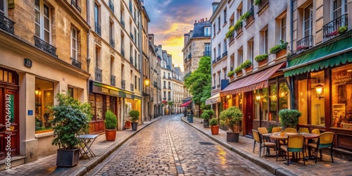 Fototapeta Naklejka Na Ścianę i Meble -  Narrow street in the Latin Quarter of Paris surrounded by traditional Parisian houses and cafes, Paris, France