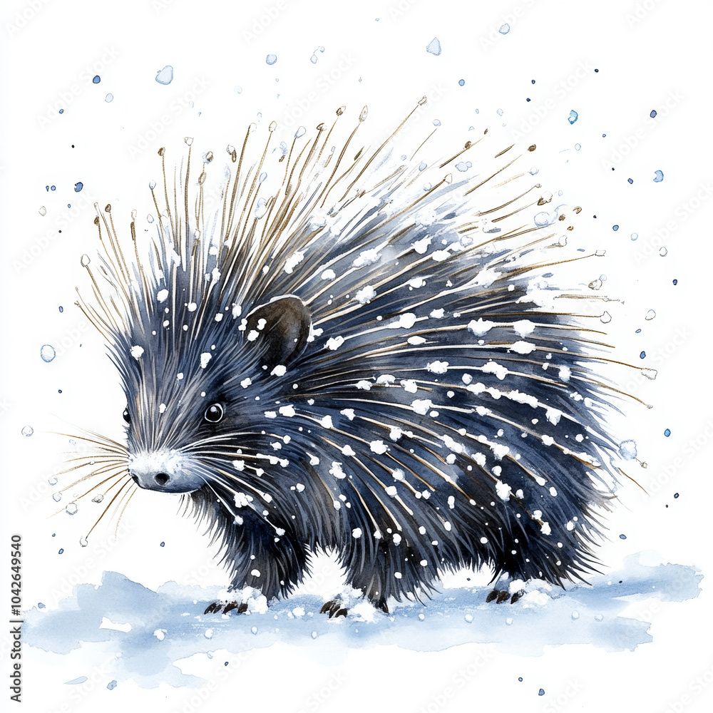 Obraz premium A porcupine covered in snow stands still in a winter wonderland landscape