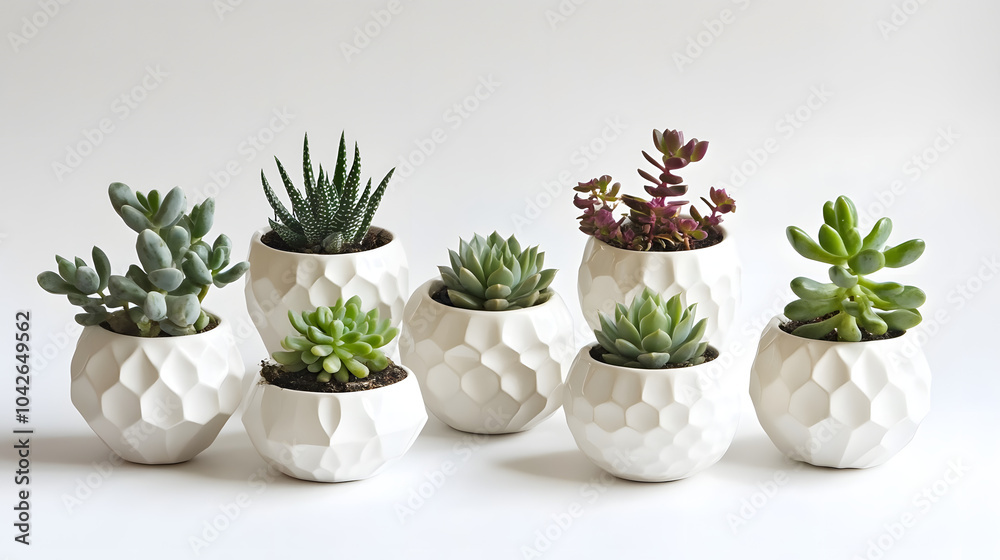Obraz premium Minimalist white ceramic pots with modern indoor succulents