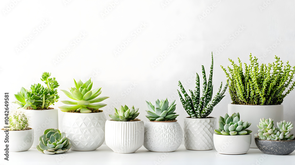 Fototapeta premium Minimalist white ceramic pots with modern indoor succulents