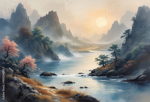 Beautiful mountain waterfall painting landscape scenery
