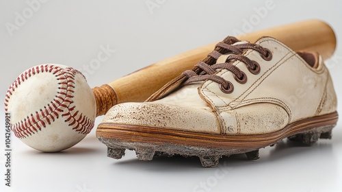A baseball bat, ball, and cleat arranged for sports activity.
