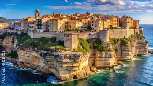 A breathtaking view of Bonifacio old town perched on top of dramatic cliff rocks in Corsica, Bonifacio, old town