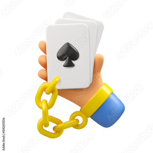 Gambling addiction concept. Cartoon hand holding playing cards vector 3d icon. Casino player arm with ace of spades attached with chain isolated on white background
