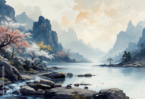 Beautiful mountain waterfall painting landscape scenery
