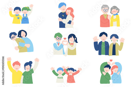 多世代の仲良しペア[男女]のフラットなイラスト(セット)
