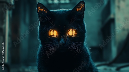 A mysterious sleek black cat with glowing screenlike eyes in an urban setting merging nature and technology in a striking visual experience photo