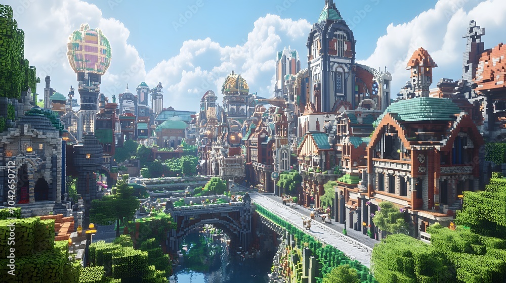 Naklejka premium City where different eras coexist with medieval parts modern sections and futuristic areas creating a time-warped environment